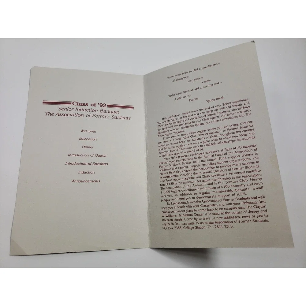 Texas A&M University Class of 92 Senior Induction Banquet Pamphlet